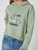 Oversize Crop Sweatshirt Kapüşonlu Kedi Baskılı 