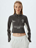 Crop Sweatshirt Yarım Fermuarlı Slogan Baskılı Dik Yaka Şardonlu