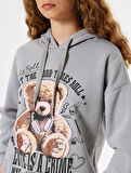 Oversize Kapüşonlu Sweatshirt Ayı Baskılı Sloganlı Şardonlu