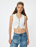 Crop Üst Polo Yaka Fermuar Detaylı Kolsuz Slim Fit