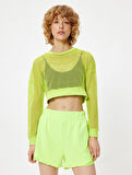 Spor File Tişört Crop Uzun Kollu Bisiklet Yaka