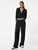 Crop Tişört Fermuarlı Kapüşonlu Uzun Kollu Simli Slim Fit