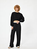 Crop Sweatshirt Bisiklet Yaka Ribanalı Uzun Kollu Rahat Kalıp
