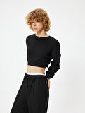 Crop Sweatshirt Bisiklet Yaka Ribanalı Uzun Kollu Rahat Kalıp