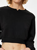 Crop Sweatshirt Bisiklet Yaka Ribanalı Uzun Kollu Rahat Kalıp