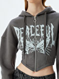 Crop Sweatshirt Fermuarlı Kapüşonlu Korse Detaylı Baskılı Slim Fit Şardonlu