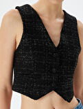 Tüvit Yelek Crop Kolsuz Düğmeli V Yaka Slim Fit