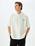 Spor Sweatshirt Oversize Kapşonlu Slogan Baskılı Yarım Kollu Pamuk Karışımlı