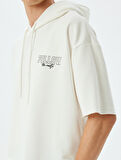 Spor Sweatshirt Oversize Kapşonlu Slogan Baskılı Yarım Kollu Pamuk Karışımlı