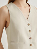 Keten Karışımlı Blazer Yelek V Yaka Düğmeli Fleto Cepli