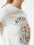 Crop Tişört Kedi Baskılı Bisiklet Yaka Slim Fit Kısa Kollu