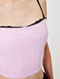 Crop Korse Görünümlü Büstiyer Çıkarılabilir İp Askılı Dantel Detaylı Slim Fit