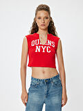 Crop Üst V Yaka Slogan Baskılı Kolsuz Slim Fit