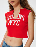 Crop Üst V Yaka Slogan Baskılı Kolsuz Slim Fit