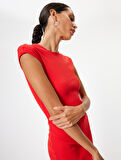 Midi Slip Elbise Bisiklet Yaka Kap Kol Slim Fit