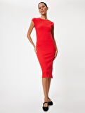 Midi Slip Elbise Bisiklet Yaka Kap Kol Slim Fit