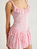 İnce Askılı Fırfırlı Mini Elbise Katlı Astarlı 