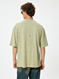 Oversize Tişört Yıpratma Detaylı Kısa Kollu Bisiklet Yaka Pamuklu