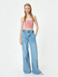 Straplez Büstiyer Pötikareli Crop Kolsuz Gipeli Dantel Detaylı Slim Fit