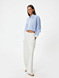 Crop Gömlek Poplin Uzun Kollu Klasik Yaka Düğmeli Parçalı Asimetrik Kesim