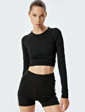 Spor Crop Tişört Uzun Kollu Bisiklet Yaka Bağlama Detaylı Slim Fit İnterlok