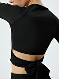 Spor Crop Tişört Uzun Kollu Bisiklet Yaka Bağlama Detaylı Slim Fit İnterlok