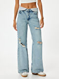 Geniş Paça Yırtık Kot Pantolon Standart Bel Düğmeli - Bianca Wide Leg Jeans