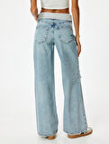 Geniş Paça Yırtık Kot Pantolon Standart Bel Düğmeli - Bianca Wide Leg Jeans