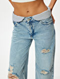 Geniş Paça Yırtık Kot Pantolon Standart Bel Düğmeli - Bianca Wide Leg Jeans