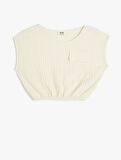 Crop Bluz Kolsuz Dokulu Beli Lastikli