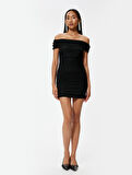 Mini Abiye Elbise Drapeli Madonna Yaka Slim Fit