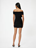 Mini Abiye Elbise Drapeli Madonna Yaka Slim Fit
