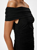 Mini Abiye Elbise Drapeli Madonna Yaka Slim Fit