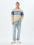 Slogan Baskılı Sweatshirt Yarım Fermuarlı Renk Bloklu Pamuk Karışımlı