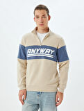 Slogan Baskılı Sweatshirt Yarım Fermuarlı Renk Bloklu Pamuk Karışımlı