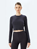 Uzun Kollu Bisiklet Yaka Örgü Crop Pijama Üstü