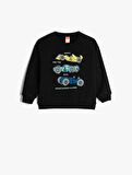 Sweatshirt Araba Baskılı Uzun Kollu Bisiklet Yaka Şardonlu