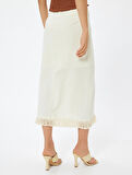 Keten Karışımlı Midi Boy Etek Kruvaze Püsküllü Astarlı