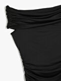 Mini Slip Elbise Kayık Yaka Drapeli Slim Fit Kolsuz