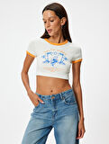 Crop Tişört Yaz Temalı Baskılı Biyeli Bisiklet Yaka Kısa Kollu Slim Fit