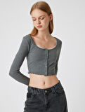 Uzun Kollu Tişört Crop U Yaka Düğmeli Slim Fit