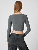 Uzun Kollu Tişört Crop U Yaka Düğmeli Slim Fit