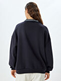 Oversize Sweatshirt V Yaka Slogan Baskılı Biyeli