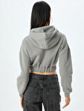 Crop Sweatshirt Kapüşonlu Fermuarlı Kolej Baskılı Korse Detaylı Şardonlu