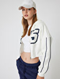 Crop Sweatshirt Kapüşonlu Fermuarlı Korse Detaylı Kolej Baskılı Cepli