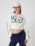 Crop Sweatshirt Kapüşonlu Fermuarlı Korse Detaylı Kolej Baskılı Cepli