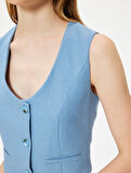 Keten Karışımlı Yelek Kolsuz Fleto Cepli Düğmeli V Yaka Slim Fit