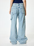 Bol Paça Kot Pantolon Cep Detaylı Düğmeli Pamuklu - Loose Straight Fit Jeans