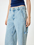 Bol Paça Kot Pantolon Cep Detaylı Düğmeli Pamuklu - Loose Straight Fit Jeans