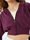 Crop Kapüşonlu Sweatshirt Fermuarlı Kalın Modal Kumaş Rahat Kalıp